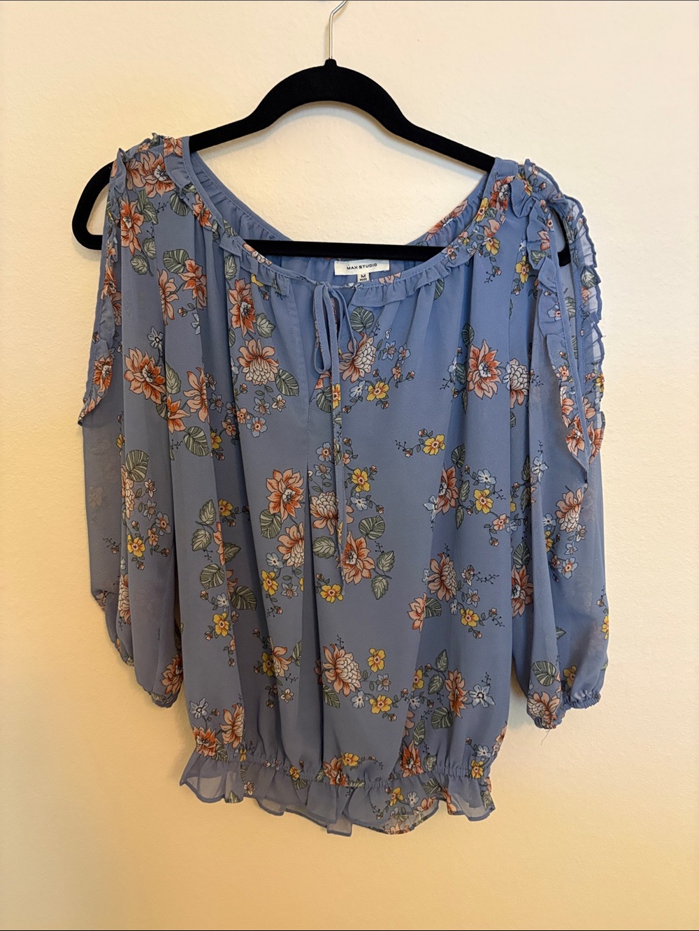 Max Studio Dusty Blue Floral Cold-Shoulder Peasant Blouse